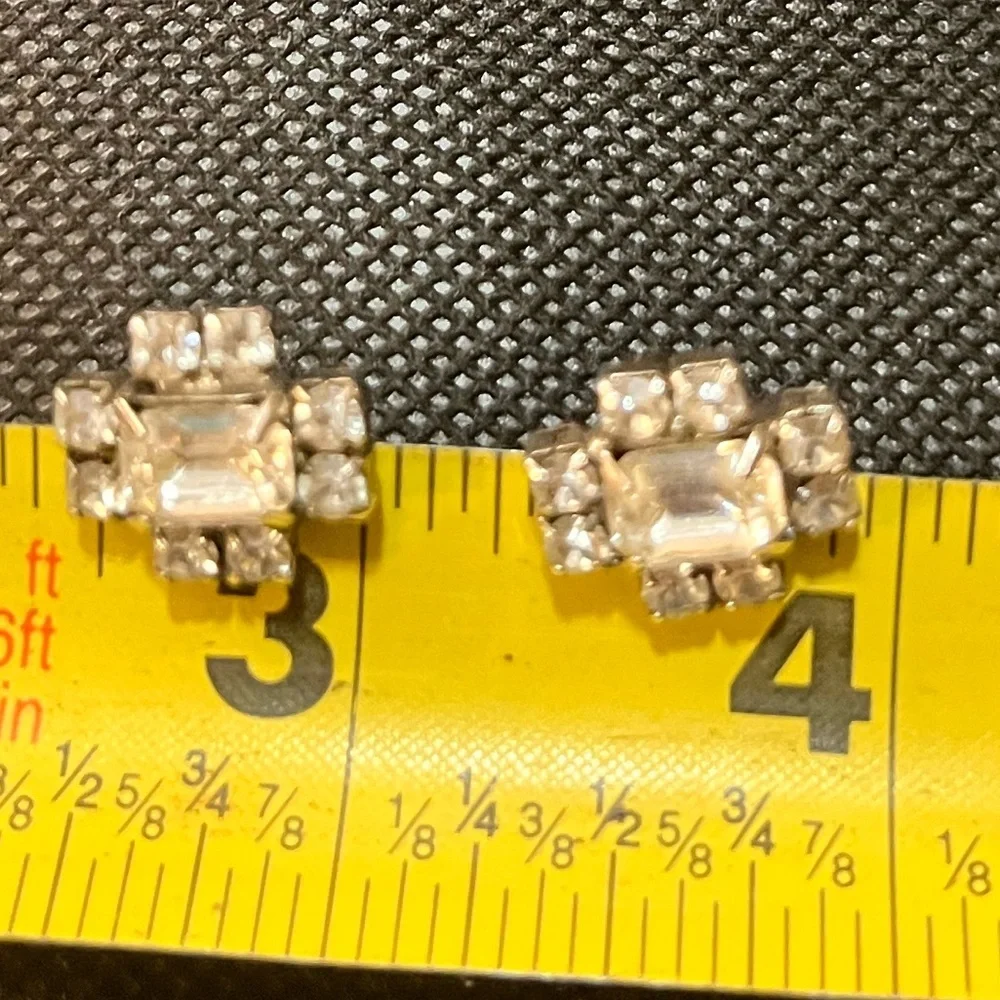 Vintage Clear Crystal Emerald Cut Rhinestone Pierced Stud Earrings MCM Retro